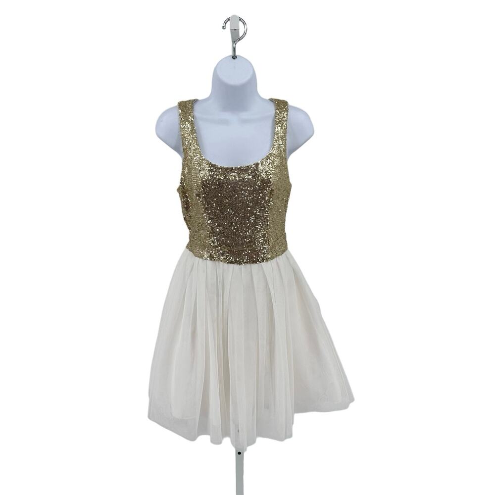 B. Darlin Sz 5/6 Gold/White Sequin Short Formal Dress Heart Shape Cutout Bow Tie